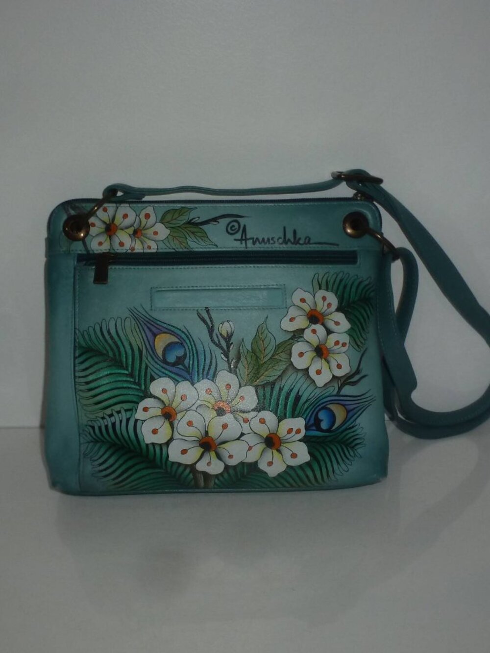 Beautiful Anuschka Hand Painted Shoulder or Crossbody Purse - Flowers & Peacocks